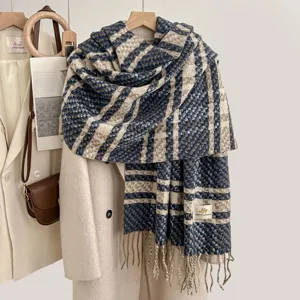 Detailed view of cozy imitation cashmere plaid scarf with fringe, soft winter accessory.