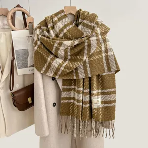 Cozy plaid imitation cashmere scarf with fringe, warm winter shawl for women daily commute.