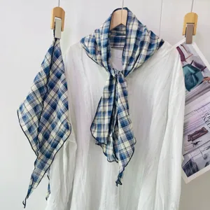 Blue and white plaid scarf chic neck wrap retro lightweight silk accessory for women detail