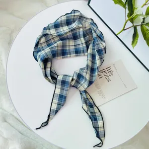 Vintage blue and white plaid long silk scarf, elegant Korean style neck decoration for women.