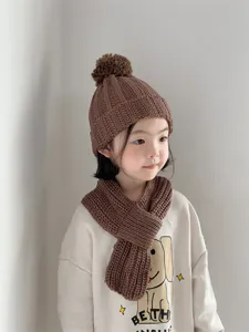 Cute Korean children knitted pom pom hat and scarf set, warm winter Maillard brown baby beanie.