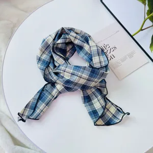 Retro blue plaid long scarf for women, lightweight spring and summer neckerchief.
