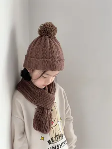Children brown knit hat and scarf set winter warm pompom beanie for cold weather