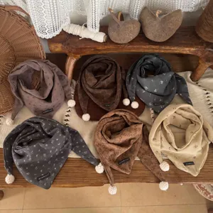 Kids winter warm triangle scarf with pom pom cute baby windproof retro floral neckerchief