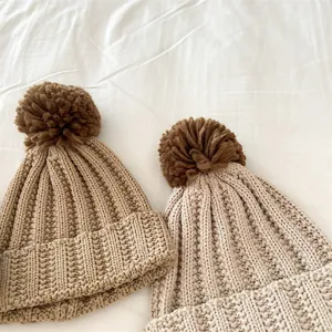 Kids knit pom pom beanie hat winter warm thick infant children woolen cap ear protection