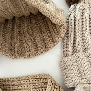 Kids autumn winter knit hat detail, cozy wool blend Maillard style warm beanie for kids.