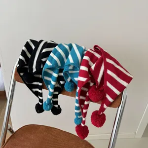 Kids striped knitted warm scarf winter soft cozy children neck warmer cute pom pom fringe