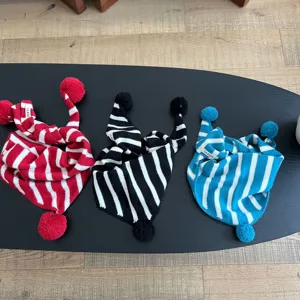 Kids knitted striped scarf winter warm baby boys girls soft cozy cute pom pom bib shawl