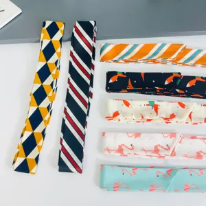 Detailed view of versatile Korean style silk hair ribbons, colorful printed twilly neck scarves.