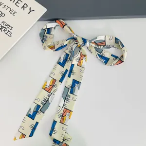 Details of the Korean style spring summer decorative ribbon silk scarf, cute cat print hair band.