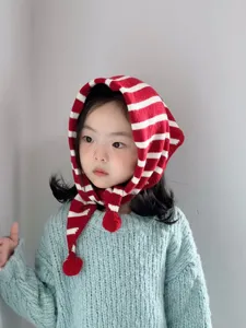 Kids red white striped knit hooded scarf warm winter baby toddler cute fashion shawl