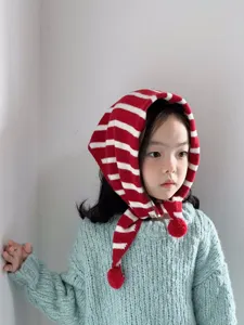 Kids Red White Striped Knitted Hooded Scarf Cute Winter Warm Shawl Beanie for Children