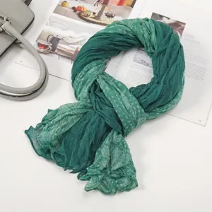 Green wrinkled paisley scarf, lightweight cotton linen shawl for women spring autumn accessory.