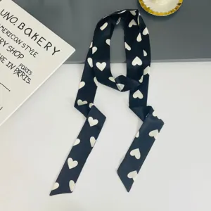 Black and white heart print silk ribbon detail, elegant thin decorative scarf for women's daily wear.