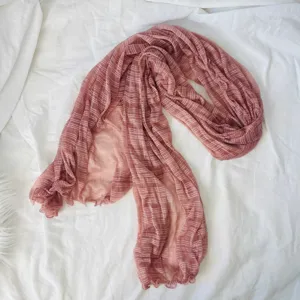 Pink striped crinkle gauze scarf for women, lightweight breathable long shawl for summer.