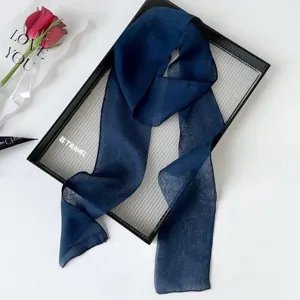 Summer thin solid color long silk scarf sweet ribbon hair band bag accessory navy blue