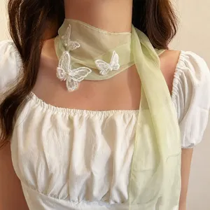 Sciarpa chiffon farfalla coreana sottile elegante con perle pizzo 3D accessorio collo