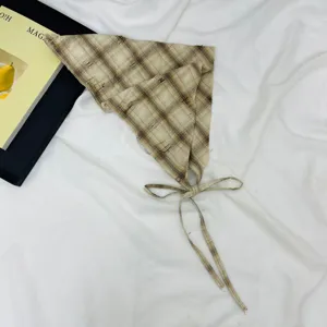 Kids plaid triangular headscarf, breathable cotton kerchief, cute spring fashion hair band for baby.