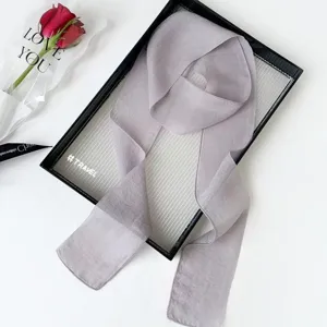 Solid color thin long silk scarf for women, elegant ribbon hair band and stylish bag accessory.