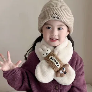 Conjunto de bufanda de felpa y gorro de punto para niños con diseño de perrito.