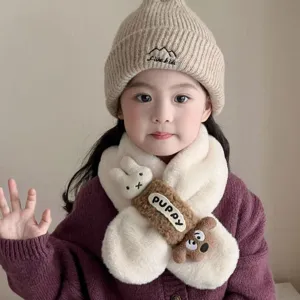 Conjunto de bufanda y gorro de felpa de dibujos animados de invierno para niños, cuello cálido.