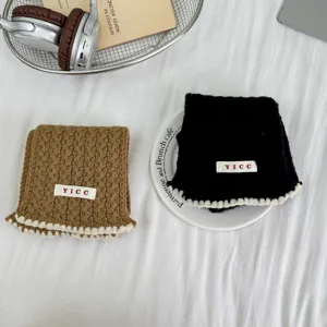 Children winter plain cable knit scarf detail view, warm woolen neck warmer for kids boys girls.