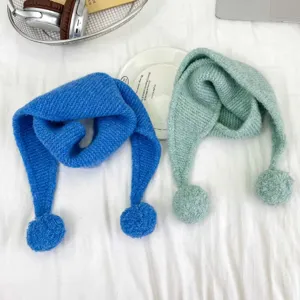 Kids Winter Warm Knitted Scarf Cute Double Pom Pom Neck Warmer Solid Color Casual Fashion Scarves For Boys And Girls