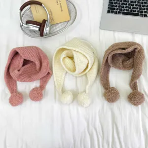 Childrens knitted winter warm scarf with cute pom poms, soft neck protection for kids boys and girls.