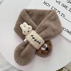 Lindo bufanda de invierno de felpa para niños con conejo y perrito, cuello cálido y grueso.
