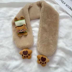 Kids plush winter scarf cute cartoon bear cross warm thick neckerchief soft toddler neck warmer