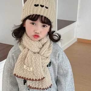 Kids winter knitted beanie and cable scarf set, cozy warm woolen neckerchief for boys girls.