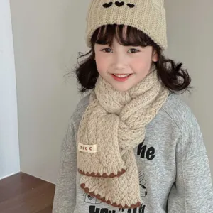 Kids plain cable knit scarf and beanie set warm winter baby wool neck warmer beige apparel