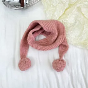 Kids cute knit scarf with pom poms, winter warm neck warmer accessory for boys and girls.