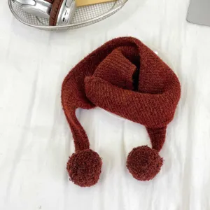 Kids brown knitted scarf with pom poms winter warm neck warmer children cute muffler