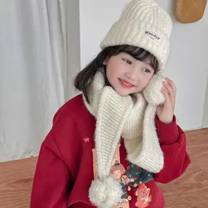 Children warm knit scarf and beanie set with pom pom cute winter neck warmer for kids.