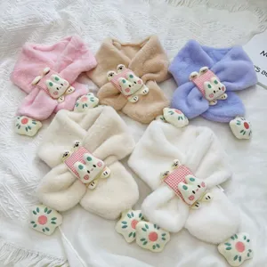 Close-up plush kids scarf with soft faux rabbit fur and cute cartoon bunny, warm collar detail.