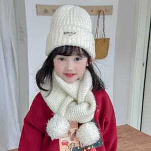 Children's knitted winter beanie and pom-pom scarf set, warm and cozy baby neck protection.