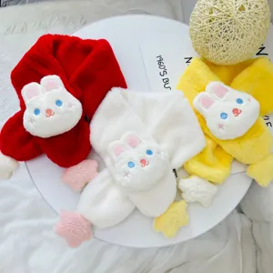 Cute plush cartoon rabbit winter children cross scarf detail view soft warm baby neck bib