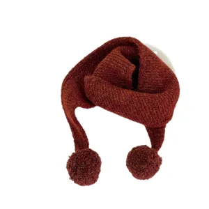 Children cute knit scarf winter warm brown neckerchief with cute pom poms for kids daily.