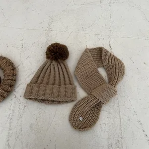 Children knit hat and scarf set, warm winter kids beanie and cute neck warmer brown