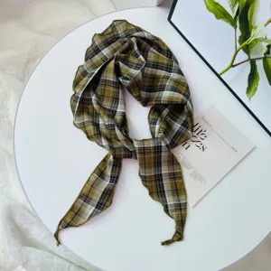 Retro plaid skinny scarf for women, lightweight spring and summer neck ribbon decoration.
