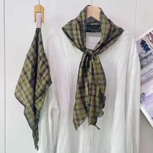 Green plaid silk scarf for women, lightweight spring summer neckerchief, stylish neck tie accessory.