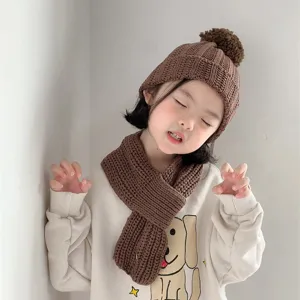 Kids knit beanie hat and scarf set autumn winter warm pom pom wool cap for baby toddler