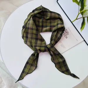 Vintage green plaid skinny scarf for women, elegant lightweight neck ribbon for spring summer.