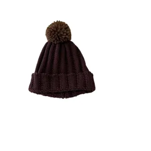 Kids winter knitted hat with pom pom warm brown beanie cute children winter headwear