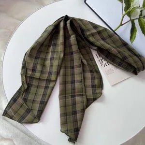 Retro plaid twilly scarf for women spring summer vintage chic neckerchief elegant hair accessory