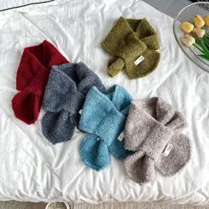 Kids winter cross fuzzy scarf warm plush toddler neckerchief cute children solid color scarf