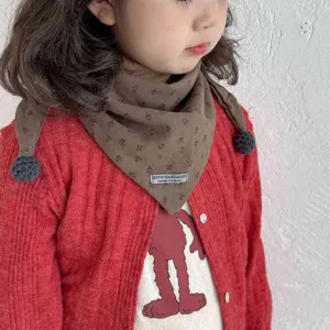 Cozy brown floral toddler triangle scarf with pom poms, cute autumn winter kids neck warmer.