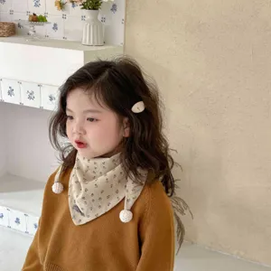 Cozy baby floral print triangle scarf with cute pom-poms, warm toddler winter bib.