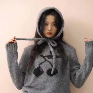 Korean style grey knit hooded sweater with cute double cherry pattern warm winter top